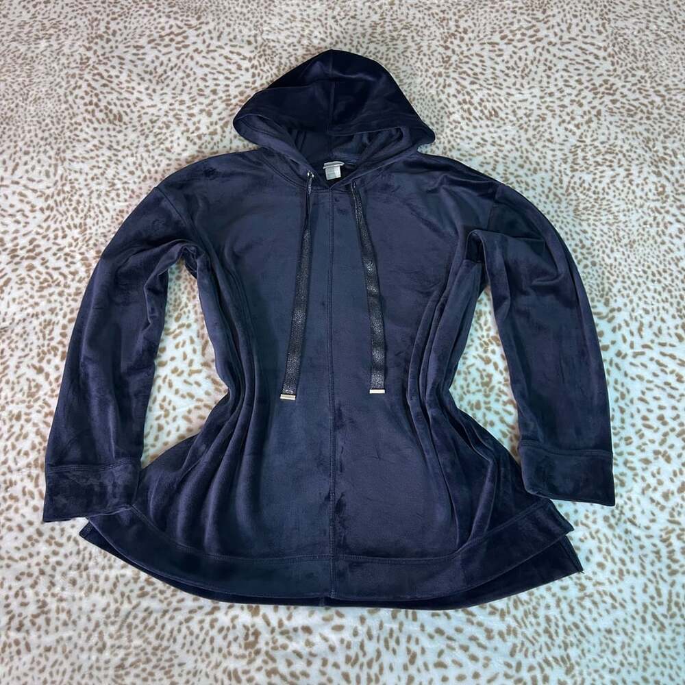 Chico's Zenergy Velour Hoodie Size 2 US 12/14 Navy Blue Rhinestone Drawstring